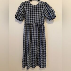 Plaid Puff-Sleeve Maxi Dress in Blue and Black